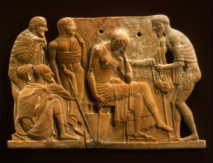 Odysseus returning to Penelope, Melian, CA. 460–450 B.C., Terracotta